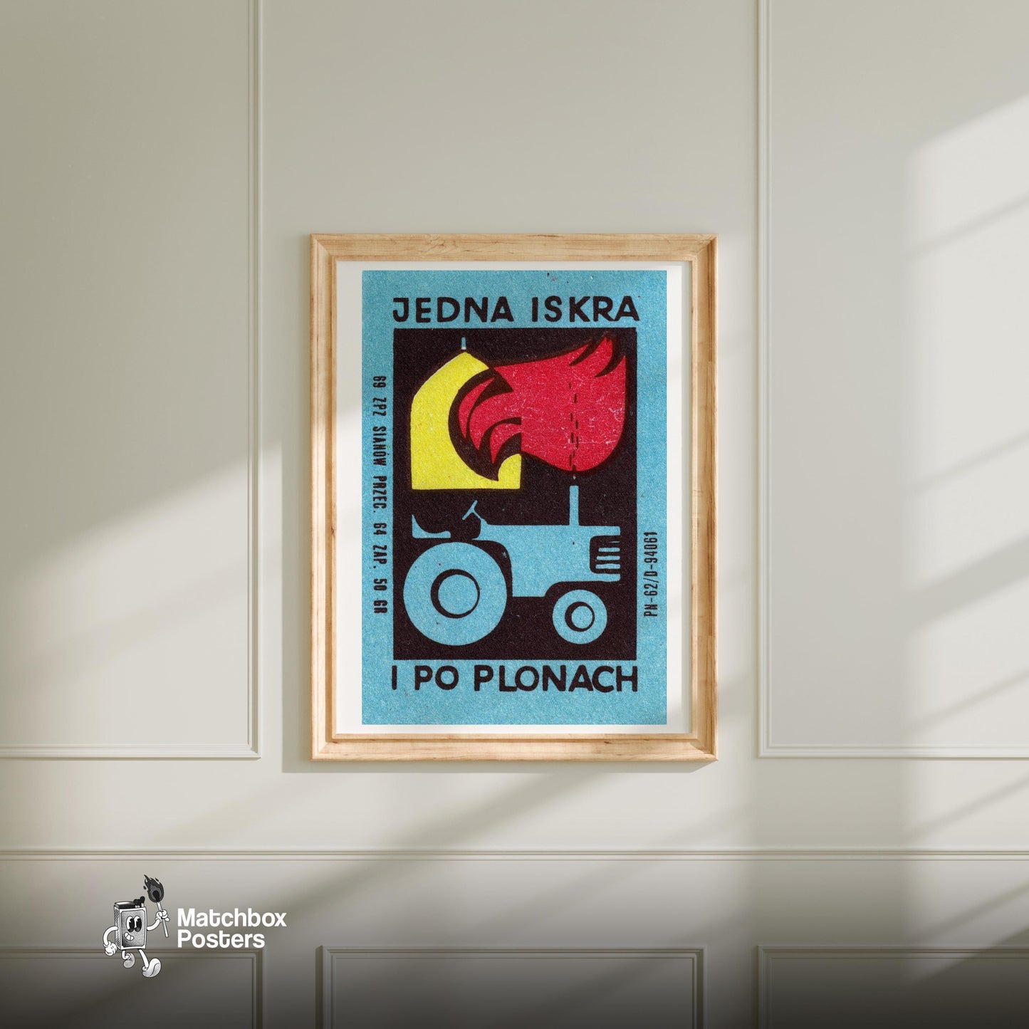 Burning Barn Tractor - vintage matchbox label print - bedroom mockup