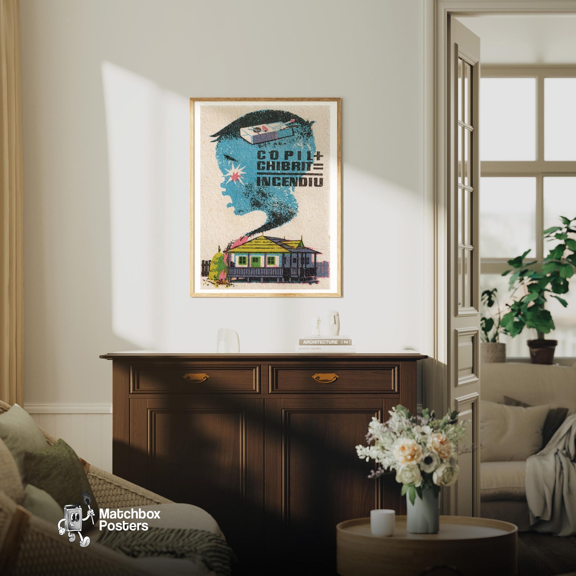 Baby Matches Housefire - vintage matchbox label print - living room mockup