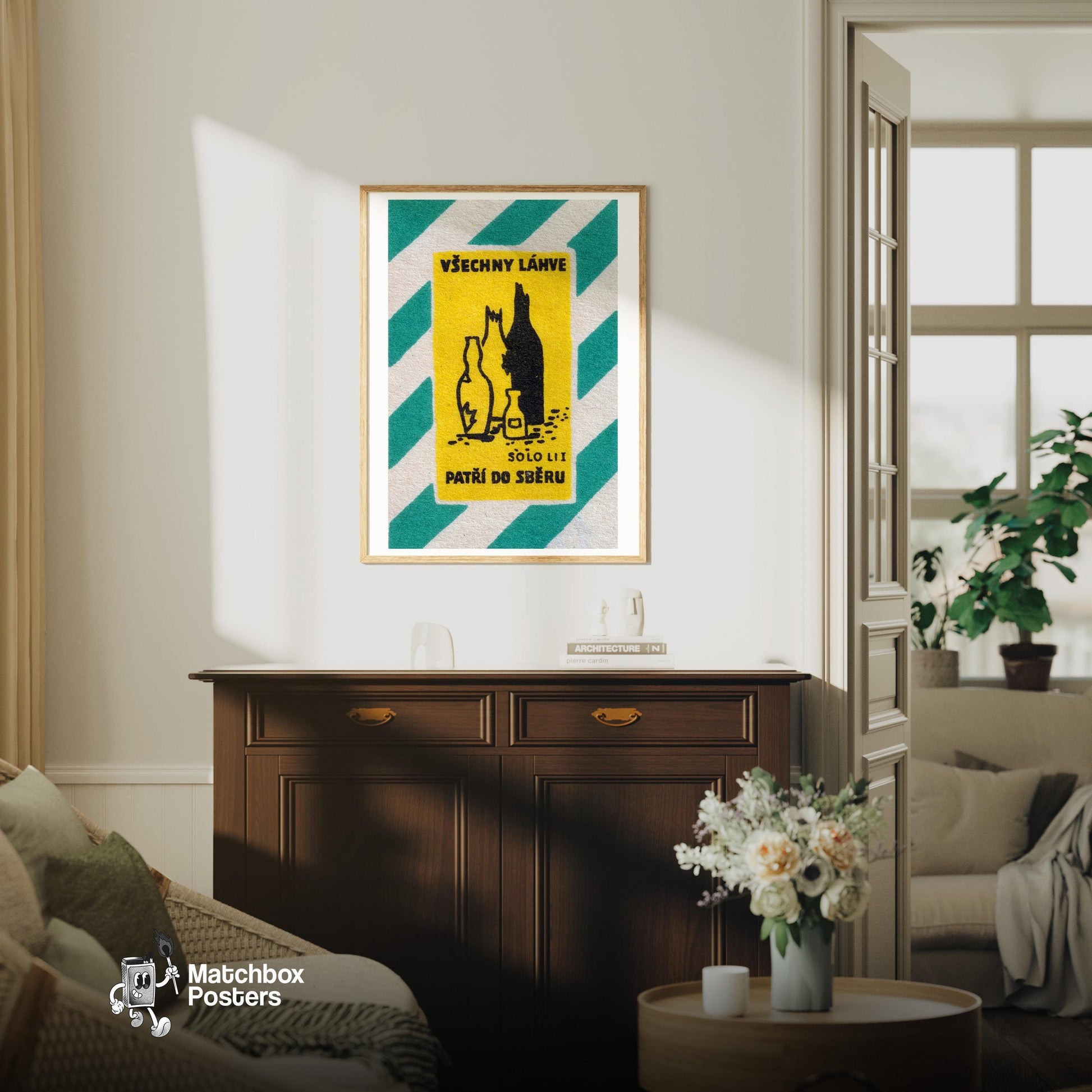 Broken Glass Bottles - vintage matchbox label print - living room mockup
