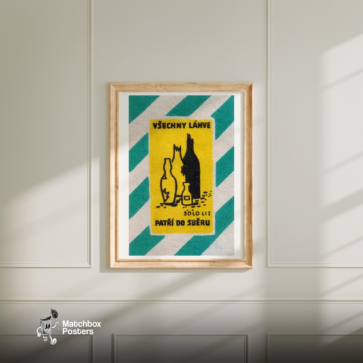 Broken Glass Bottles - vintage matchbox label print - bedroom mockup