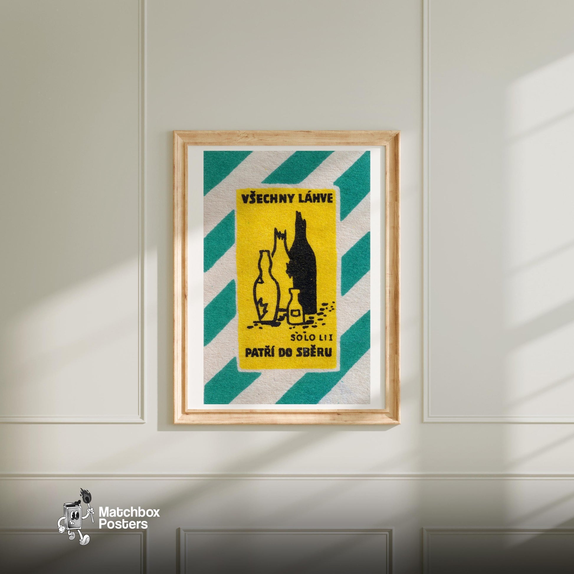 Broken Glass Bottles - vintage matchbox label print - bedroom mockup