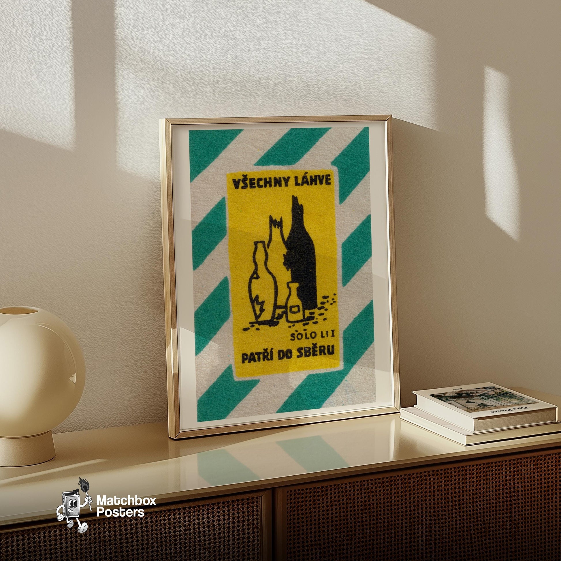 Broken Glass Bottles - vintage matchbox label print - size comparison