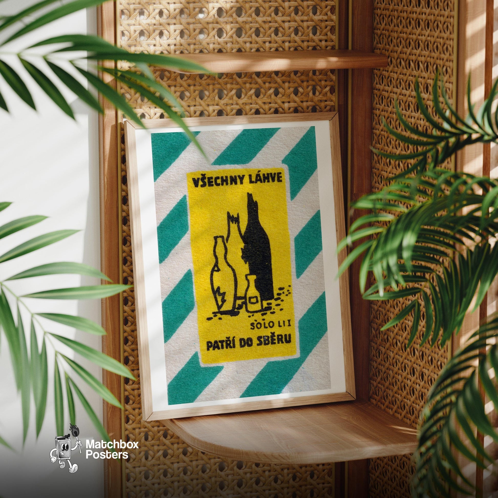 Broken Glass Bottles - vintage matchbox label print - office wall