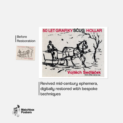 Horse Drawn Sleigh - vintage matchbox label print - framed wall art preview