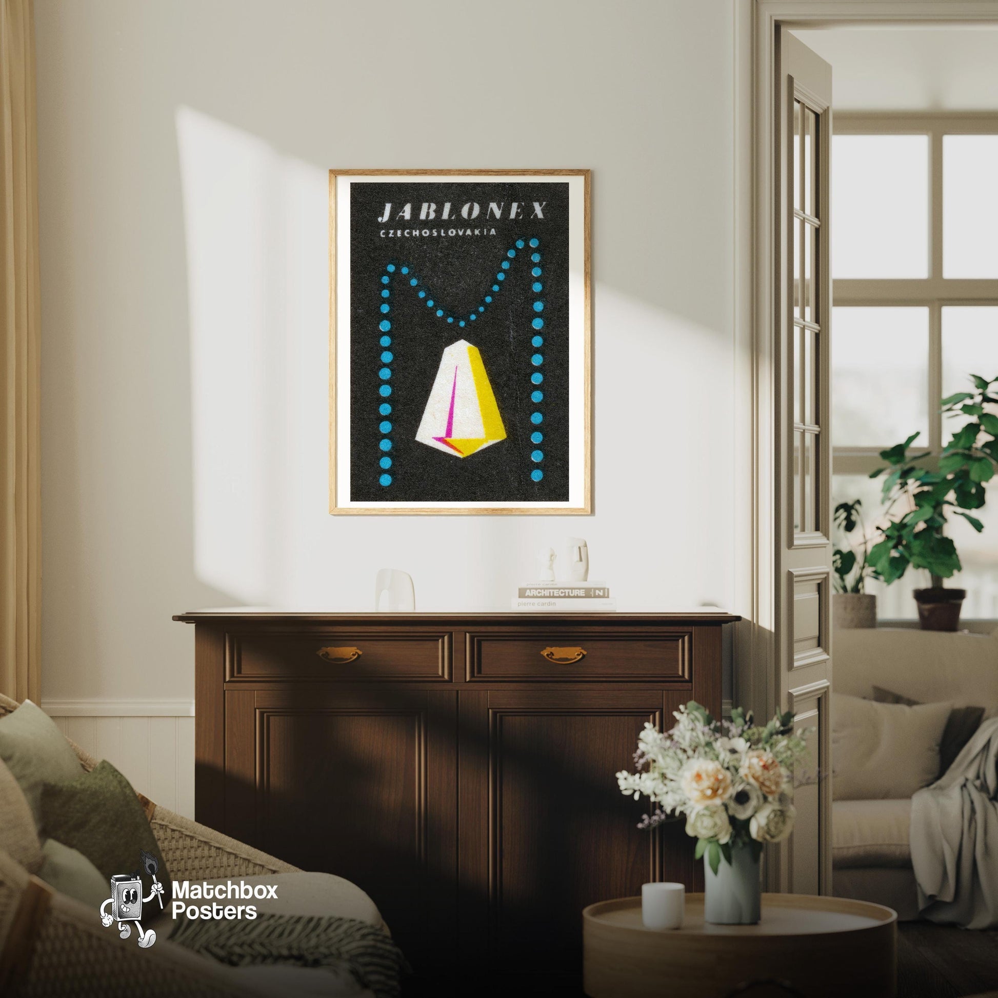 Geometric Shapes - vintage matchbox label print - living room mockup