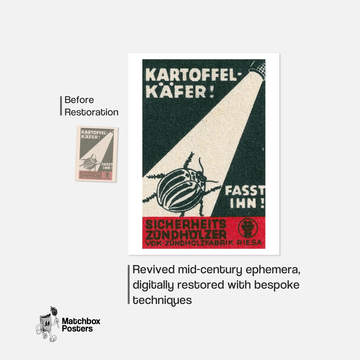 Illustration Of A Beetle Under A Spotlight - vintage matchbox label print - framed wall art preview