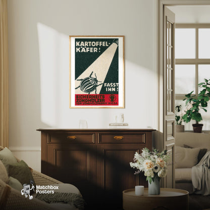 Illustration Of A Beetle Under A Spotlight - vintage matchbox label print - living room mockup