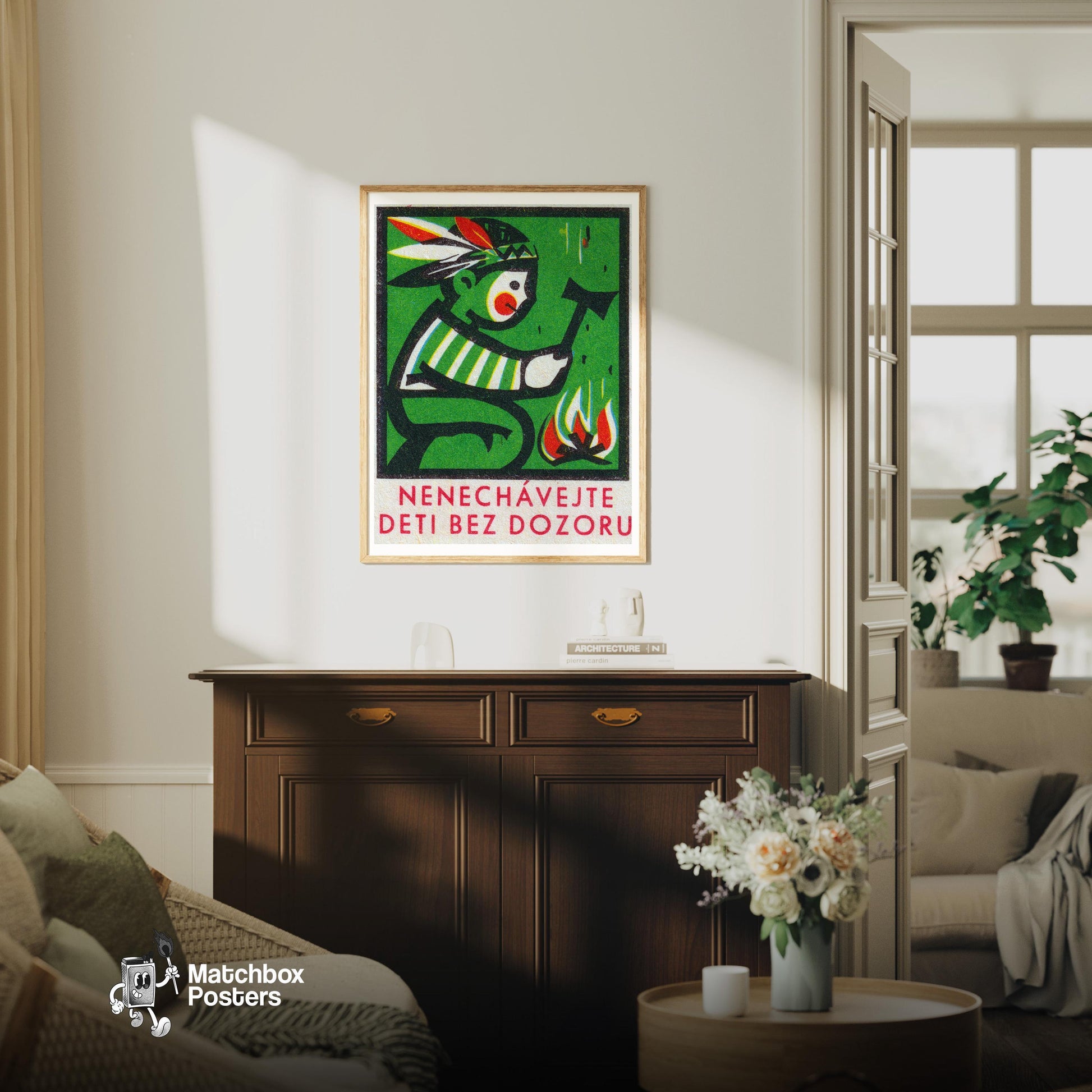 Indian Boy with Axe - vintage matchbox label print - living room mockup