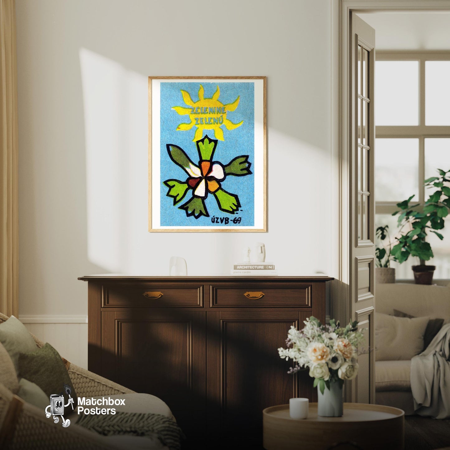 Organic Vegetables - vintage matchbox label print - living room mockup