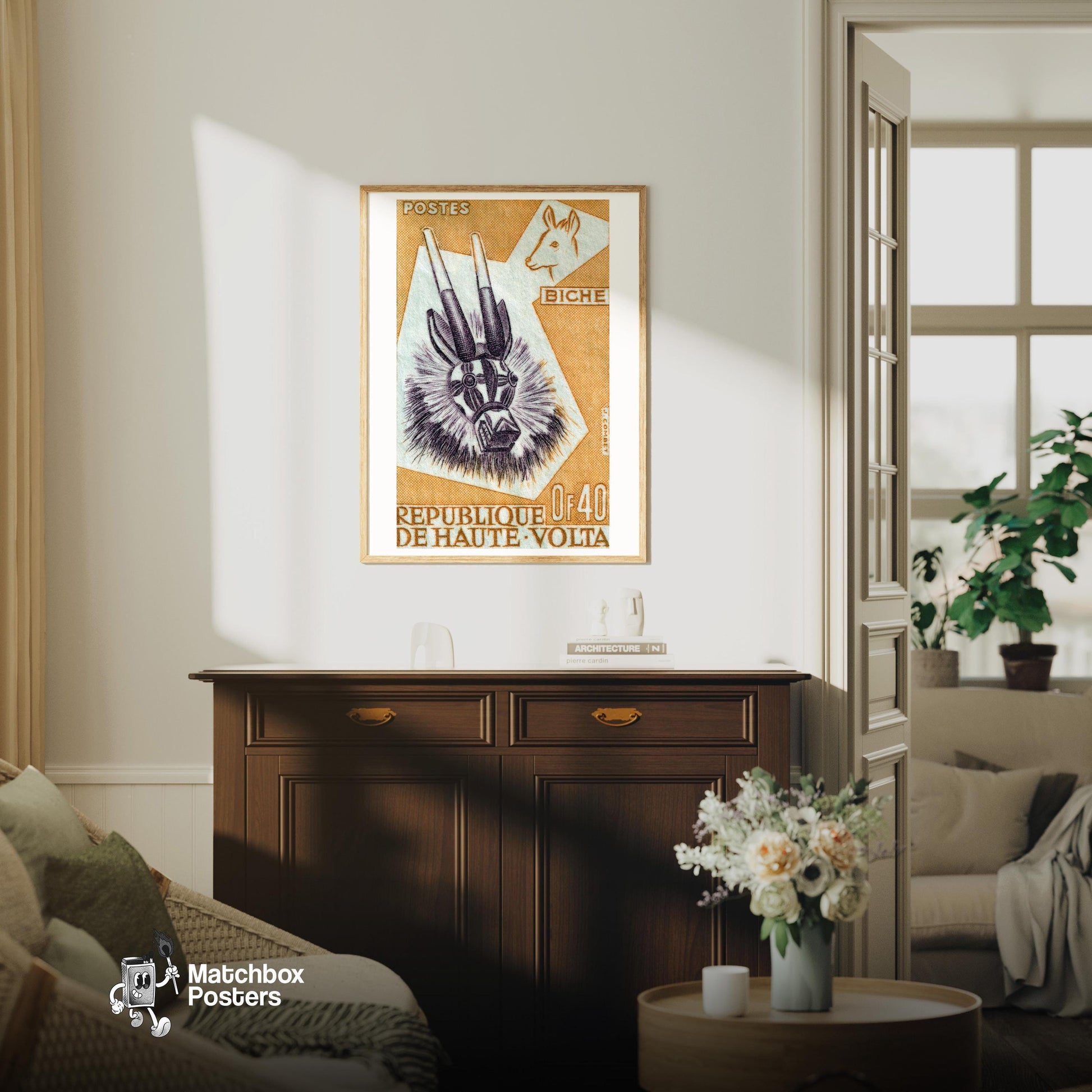 Animal Mask - vintage matchbox label print - living room mockup