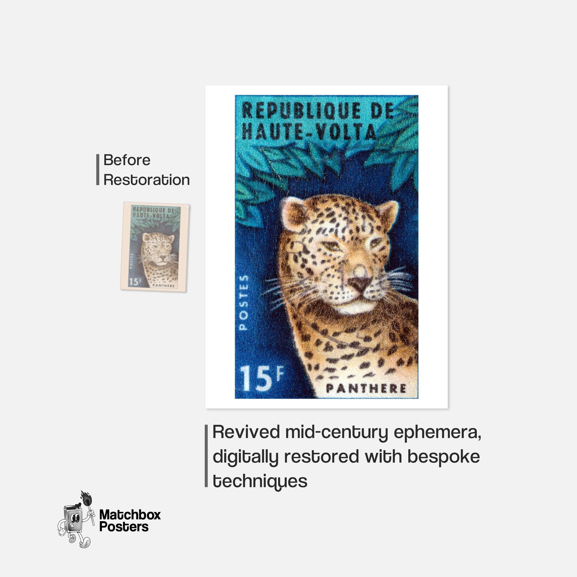 Leopard Republique de Haute-Volta - vintage matchbox label print - framed wall art preview