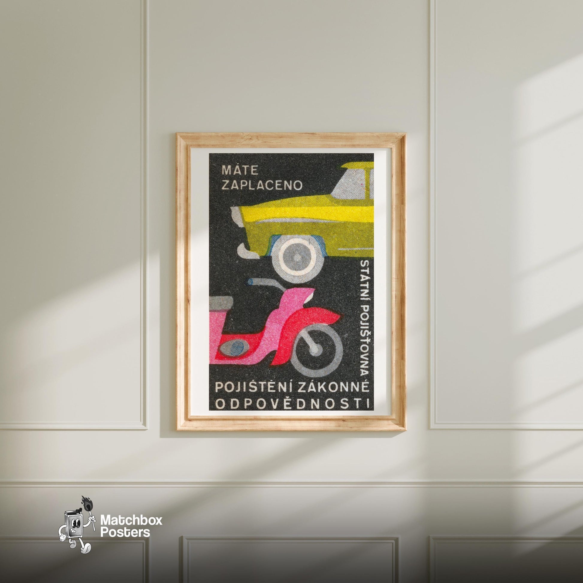 Pink Motorcycle Yellow Car - vintage matchbox label print - bedroom mockup