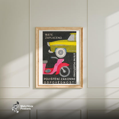 Pink Motorcycle Yellow Car - vintage matchbox label print - bedroom mockup