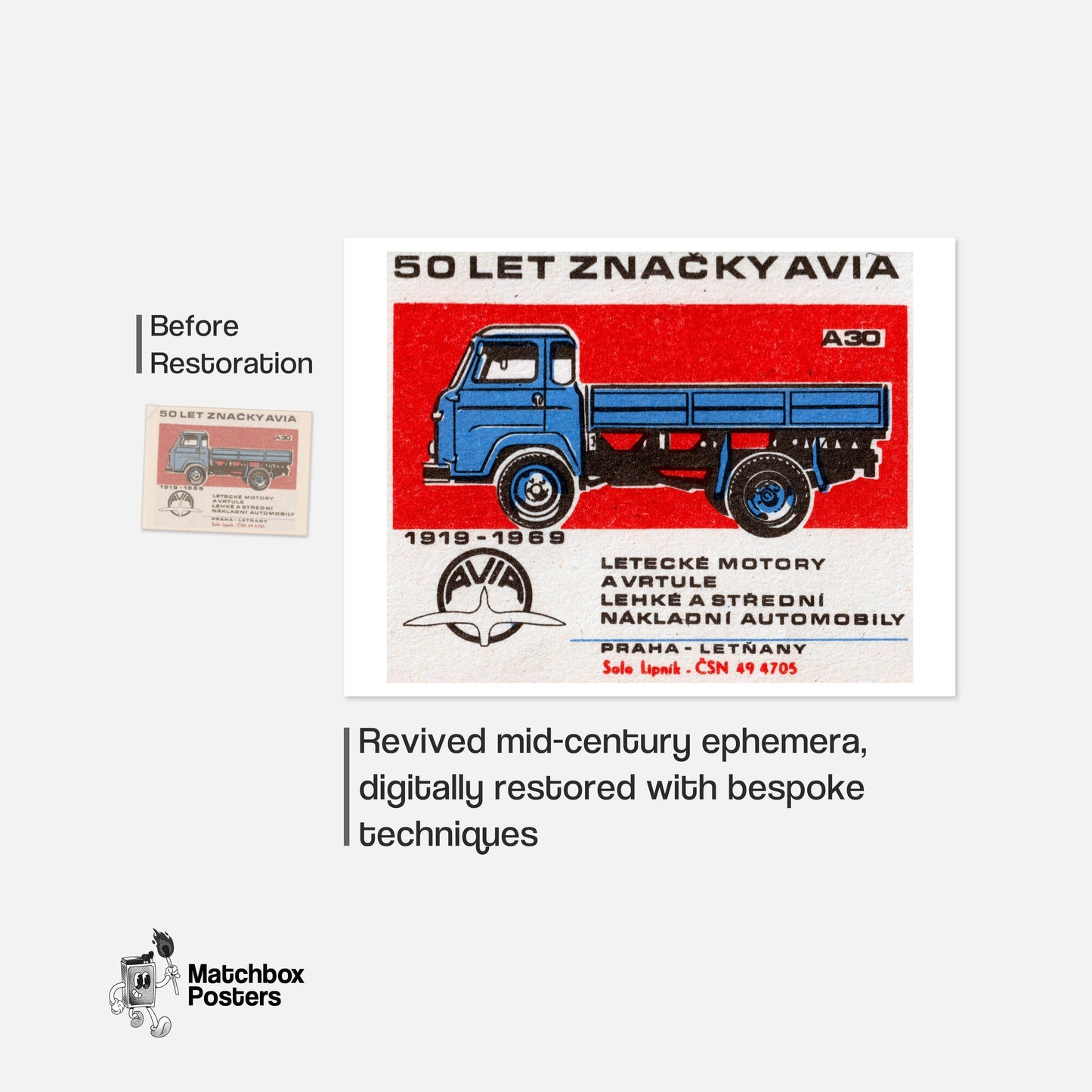 Blue Truck - vintage matchbox label print - framed wall art preview
