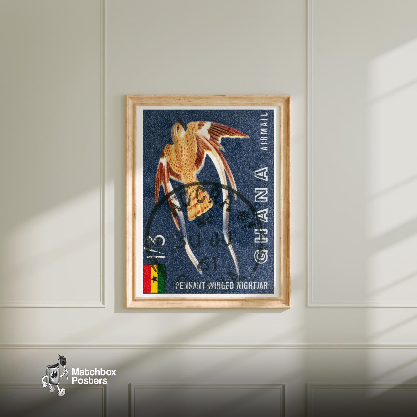 Pennant Winged Nightjar - vintage matchbox label print - bedroom mockup