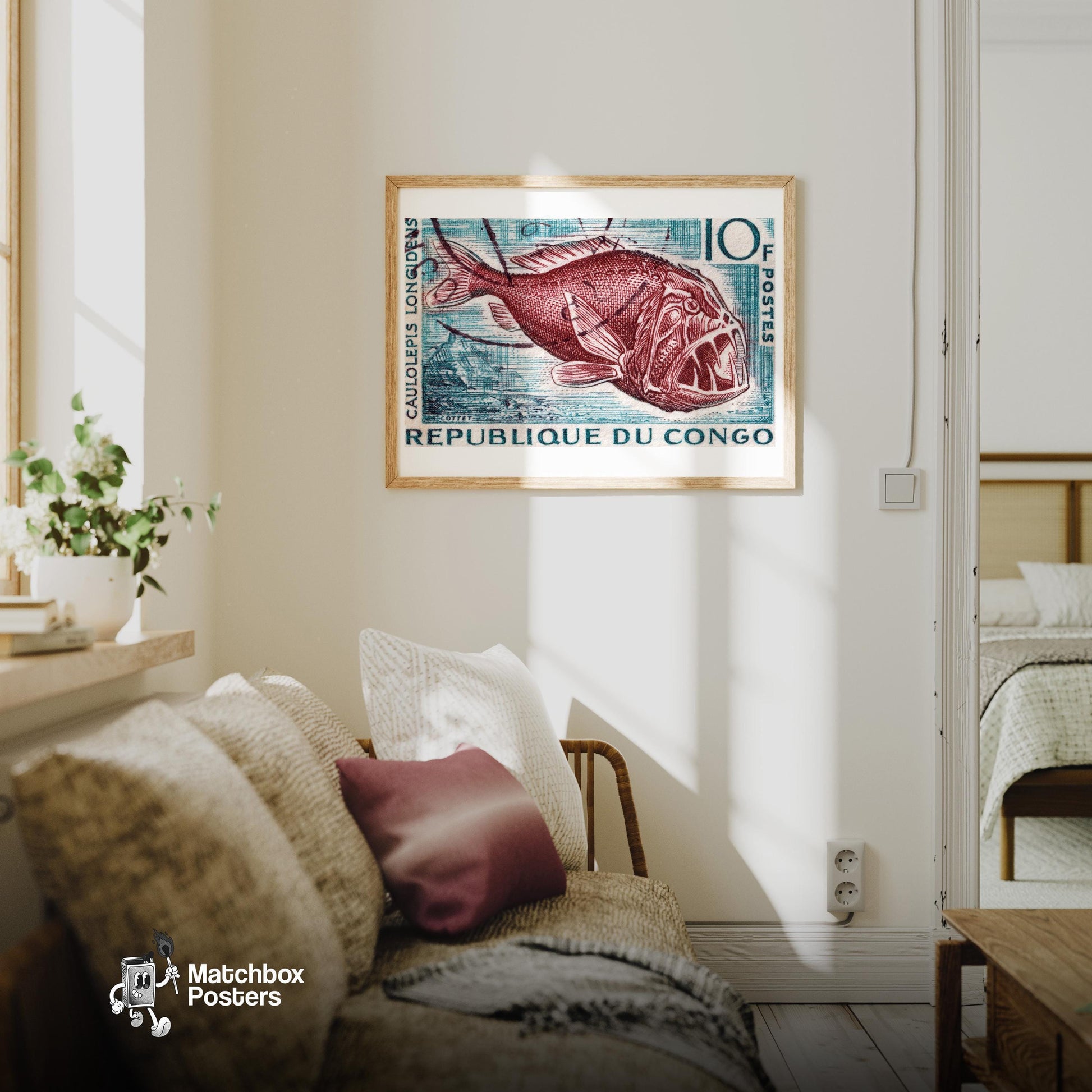 Deep Sea Fish - vintage matchbox label print - living room mockup