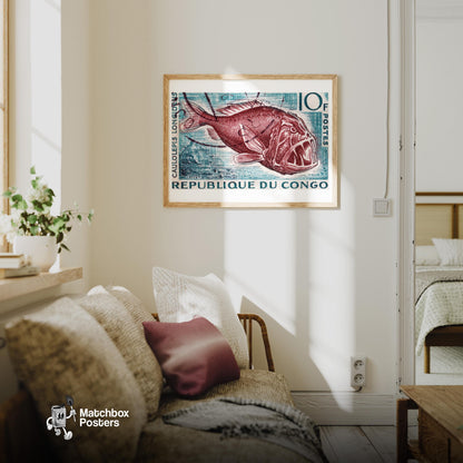 Deep Sea Fish - vintage matchbox label print - living room mockup