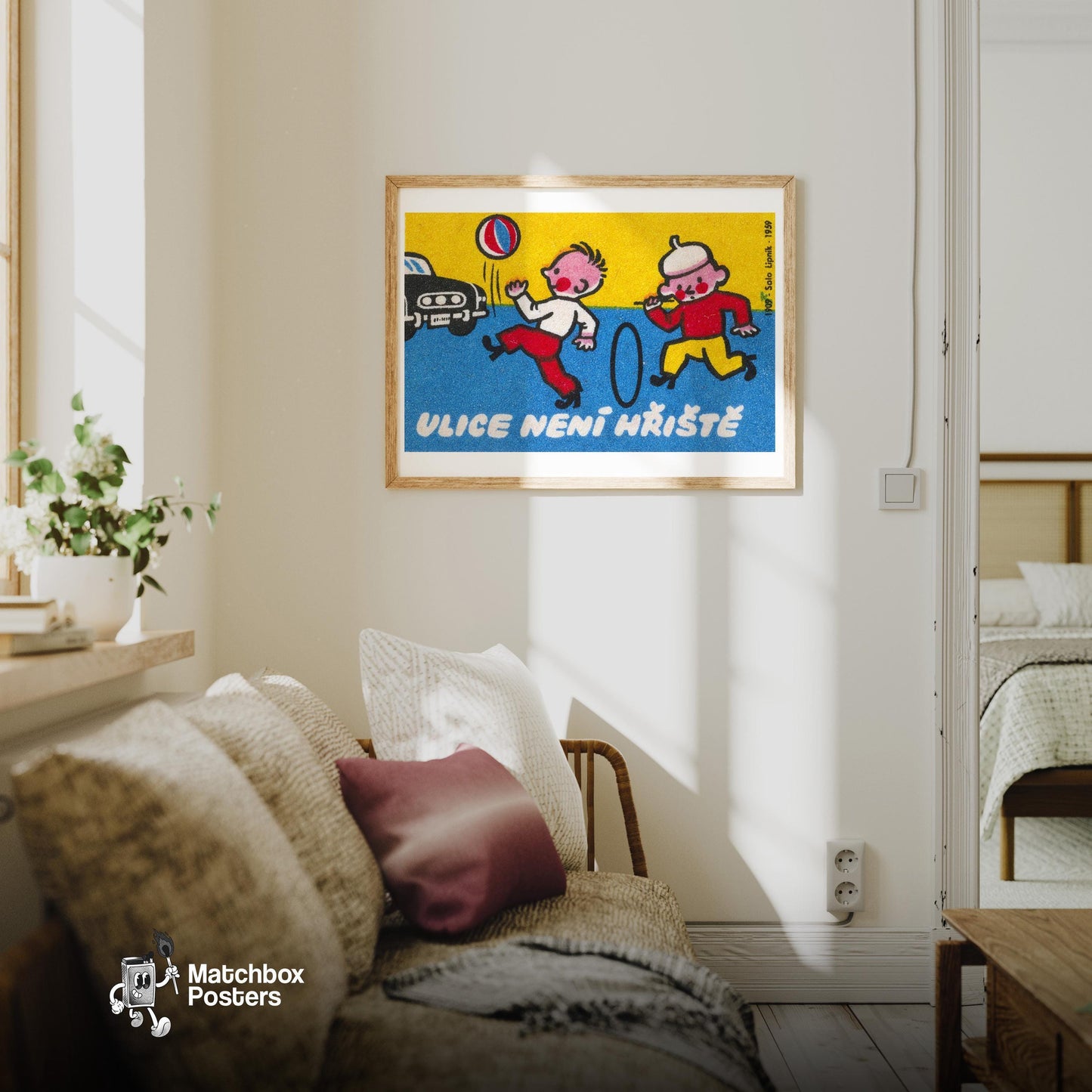 Children Playing - vintage matchbox label print - living room mockup