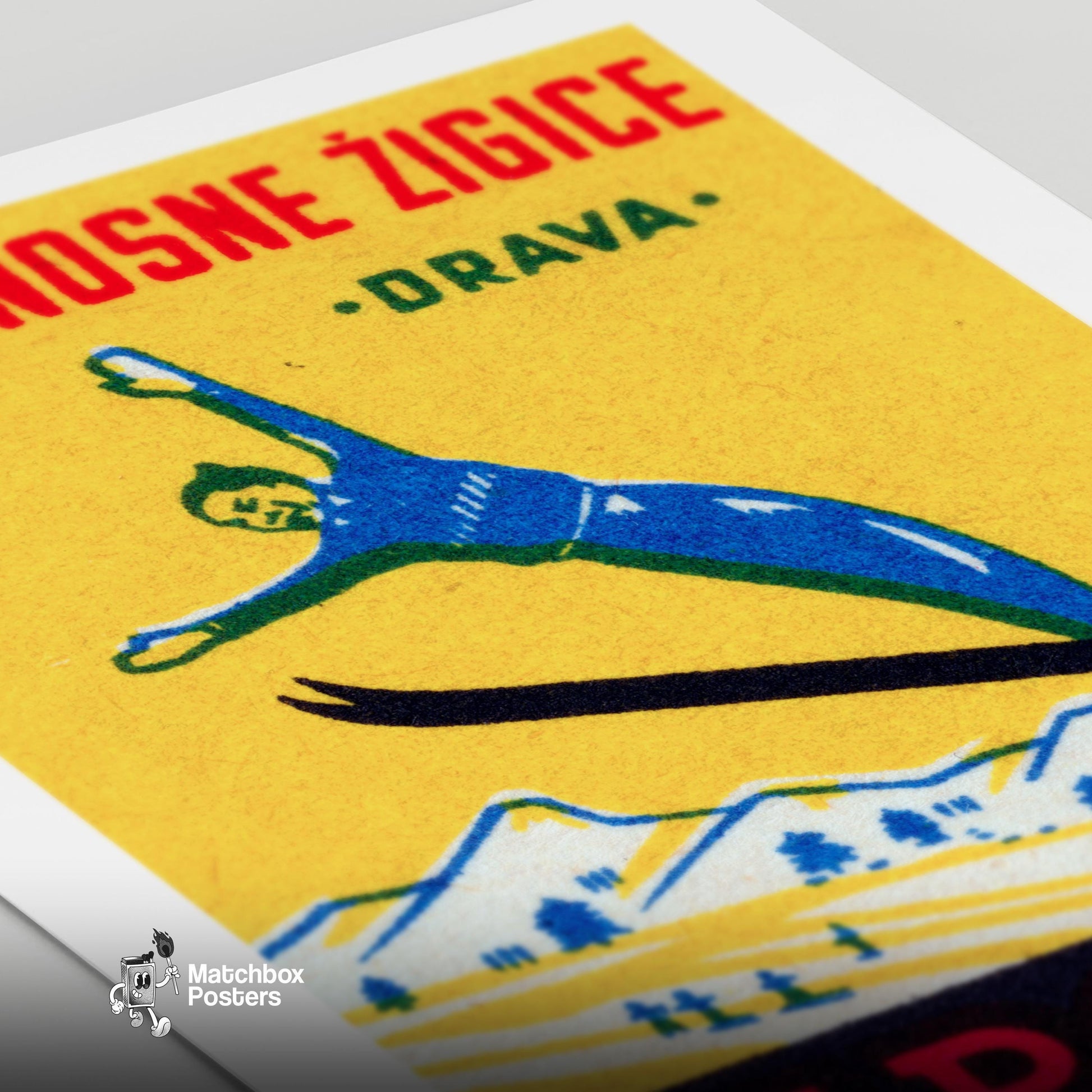 Ski Jumper - vintage matchbox label print - close-up detail