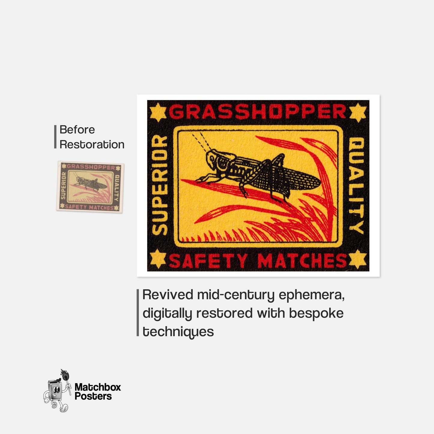 Grasshopper - vintage matchbox label print - framed wall art preview