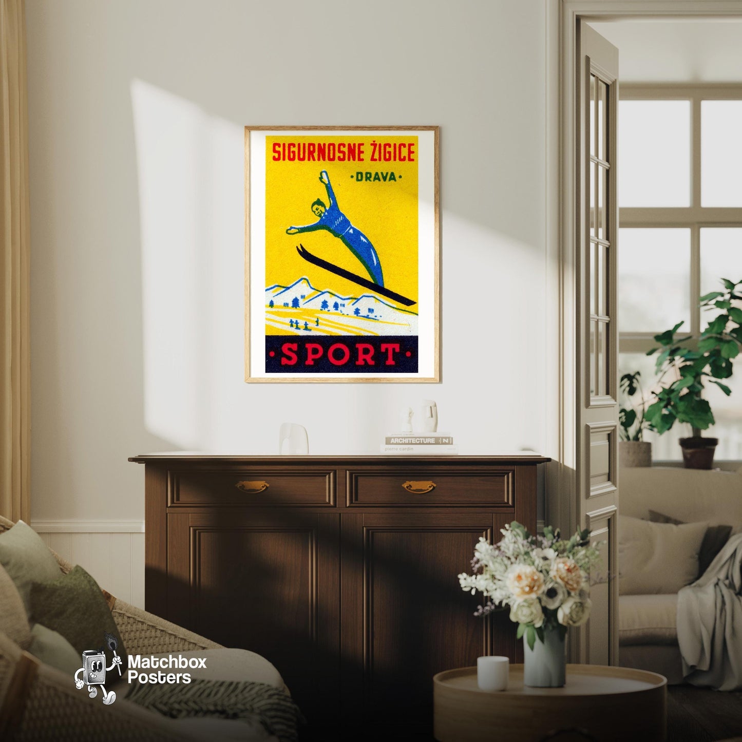 Ski Jumper - vintage matchbox label print - living room mockup