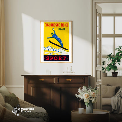 Ski Jumper - vintage matchbox label print - living room mockup