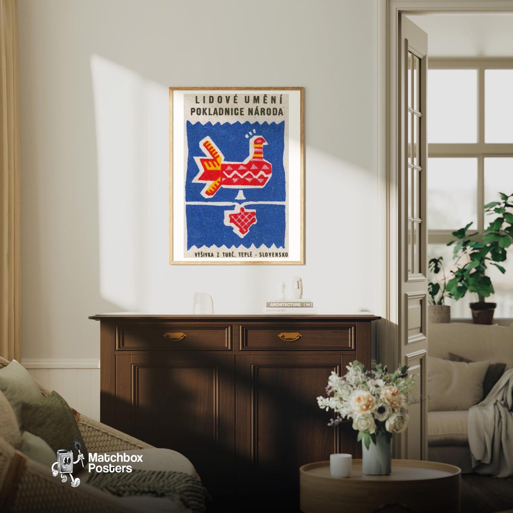 Red Bird - vintage matchbox label print - living room mockup