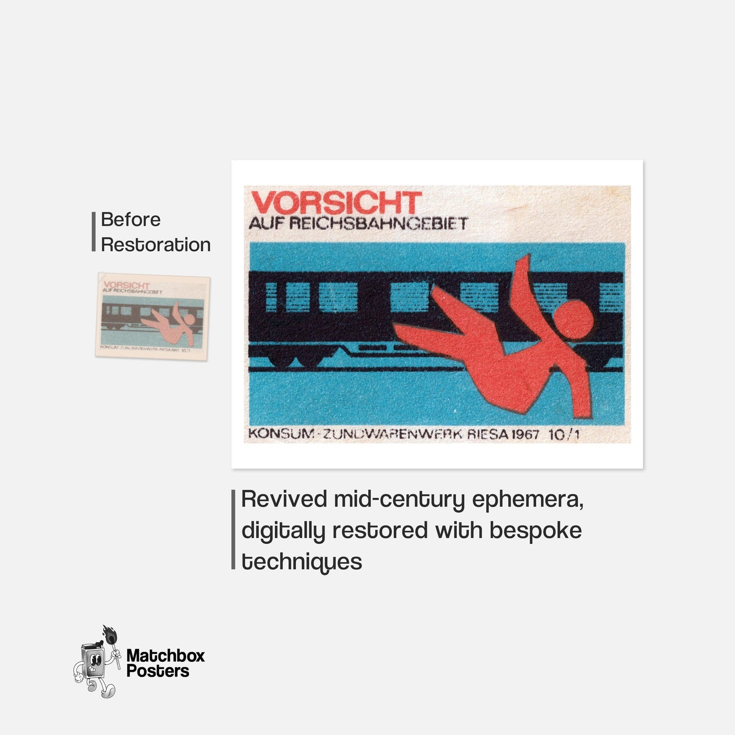 Falling Train - vintage matchbox label print - framed wall art preview