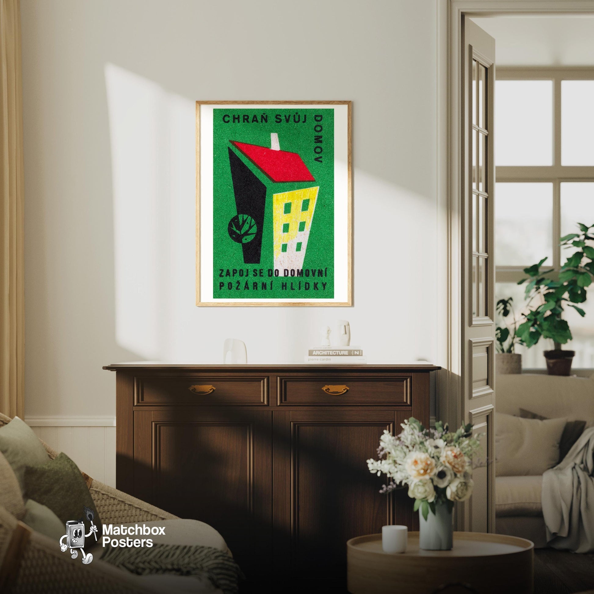 Geometric Building - vintage matchbox label print - living room mockup