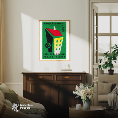 Geometric Building - vintage matchbox label print - living room mockup