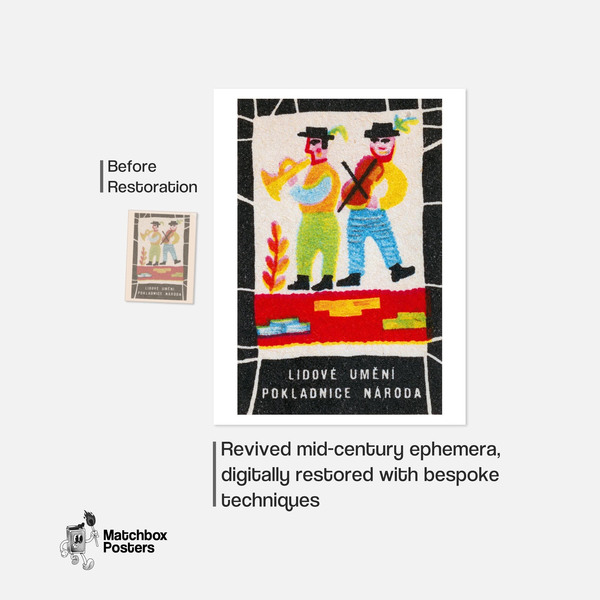 Dancing Musicians Folk Art - vintage matchbox label print - framed wall art preview