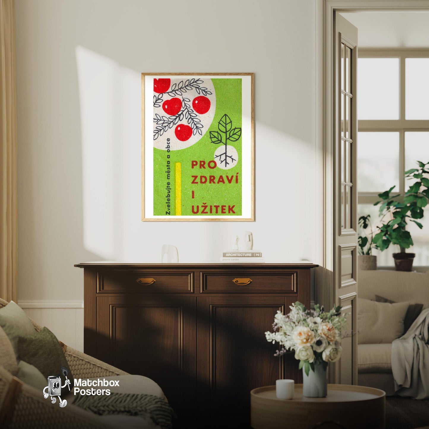 Red Berries - vintage matchbox label print - living room mockup