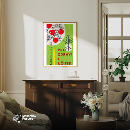 Red Berries - vintage matchbox label print - living room mockup
