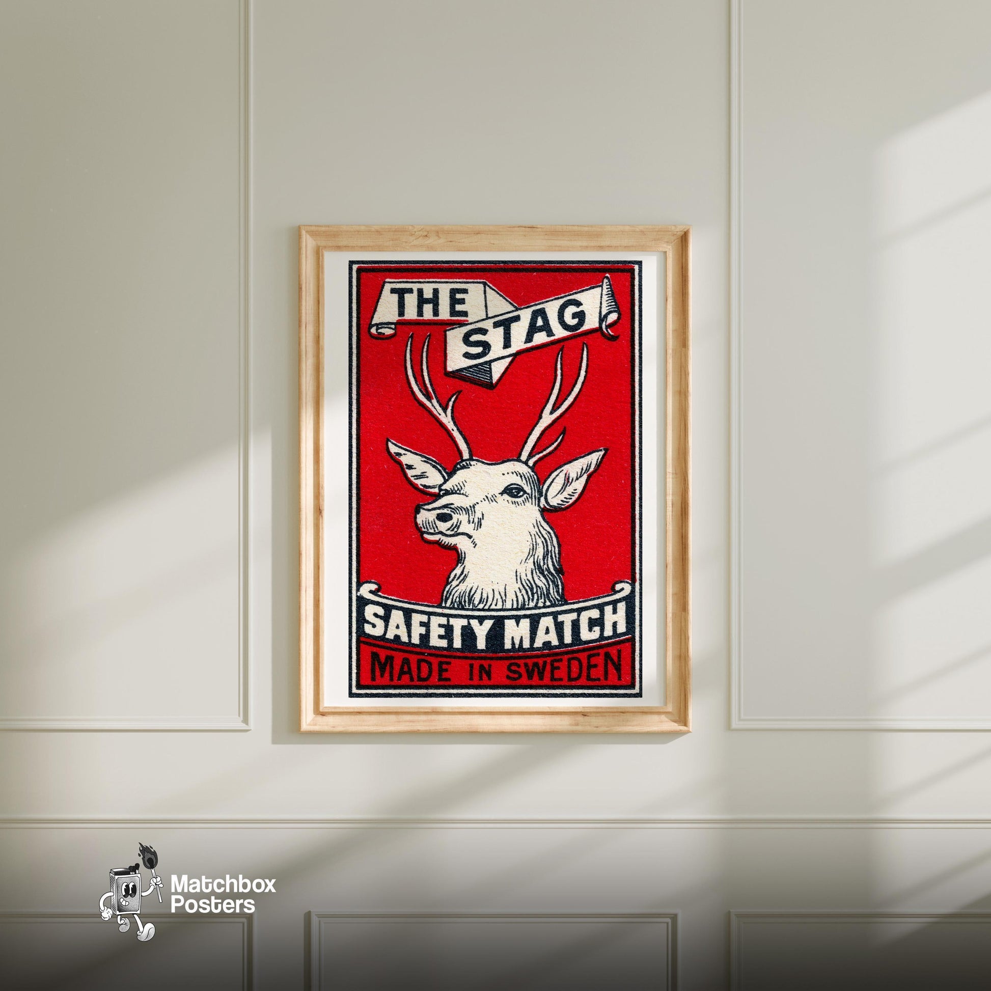 The Stag Deer - vintage matchbox label print - bedroom mockup
