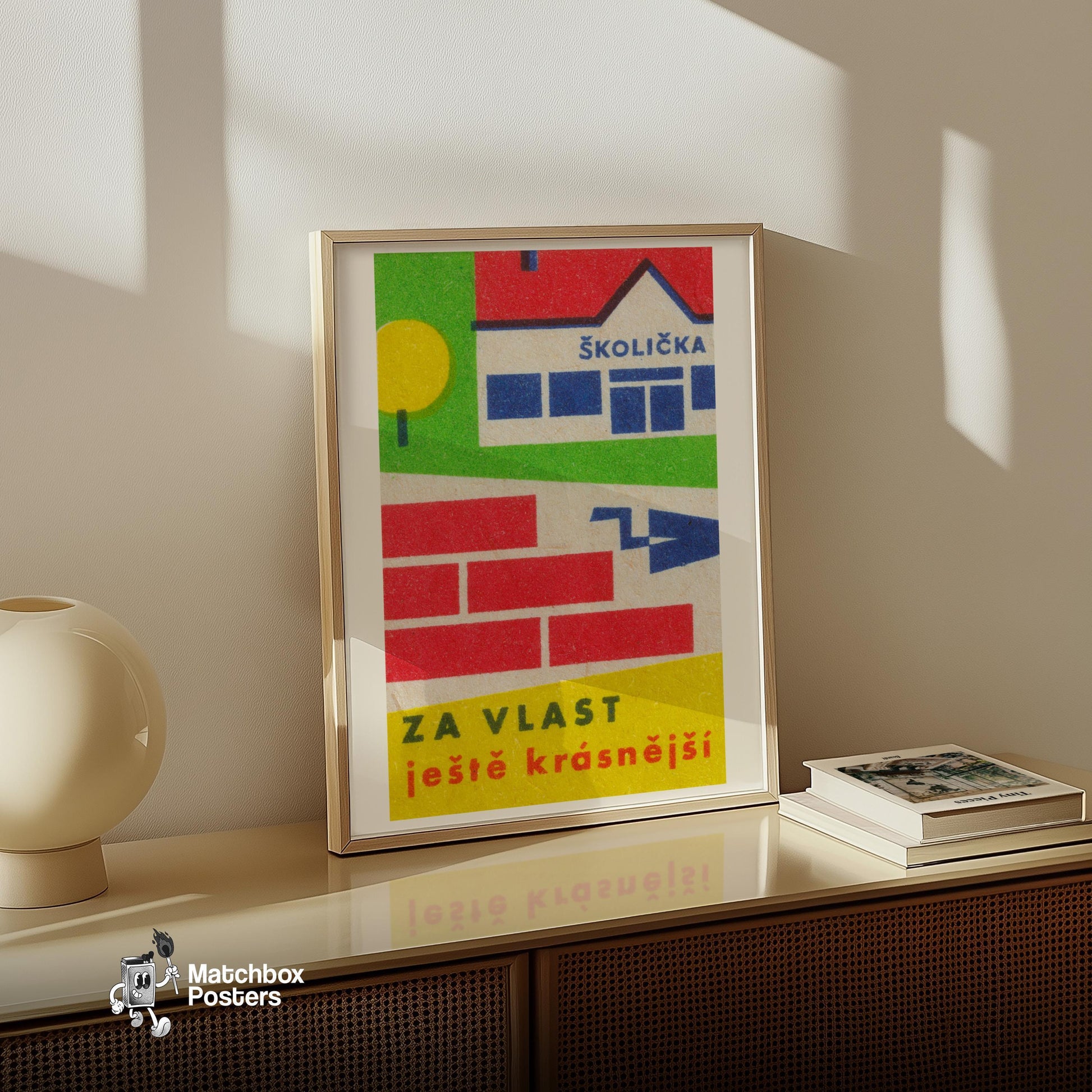 Kindergarten Building - vintage matchbox label print - size comparison