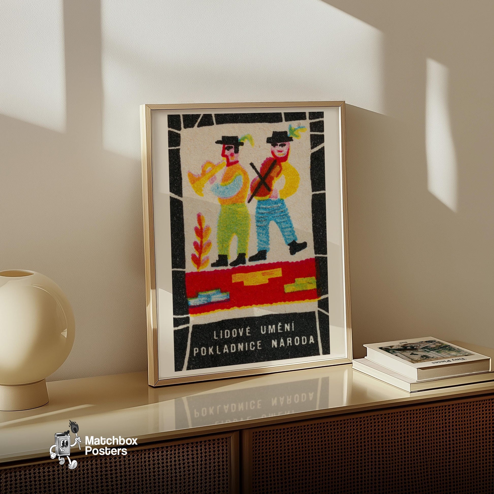Dancing Musicians Folk Art - vintage matchbox label print - size comparison