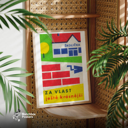 Kindergarten Building - vintage matchbox label print - office wall