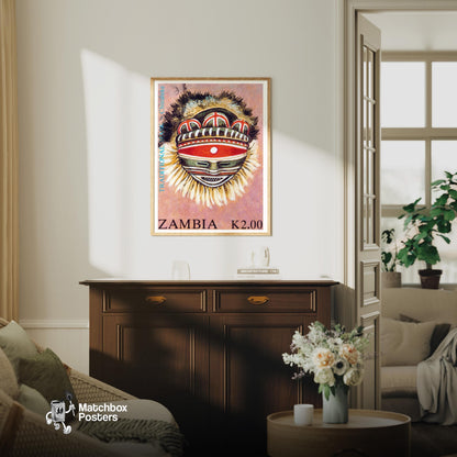 Traditional Zambian Mask - vintage matchbox label print - living room mockup