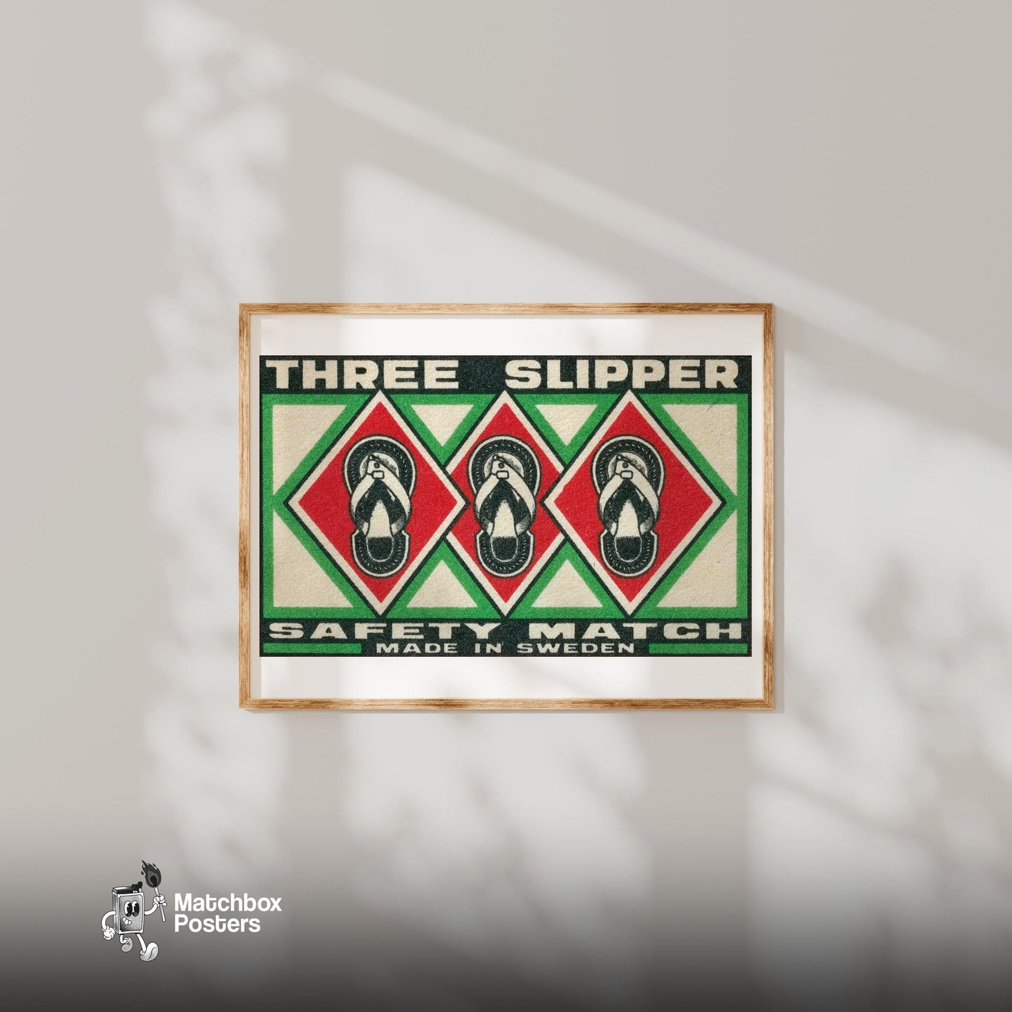 Three Slippers - vintage matchbox label print - bedroom mockup