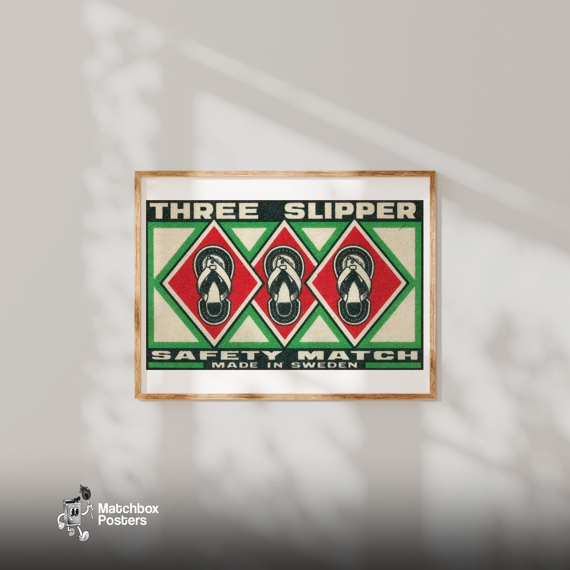 Three Slippers - vintage matchbox label print - bedroom mockup