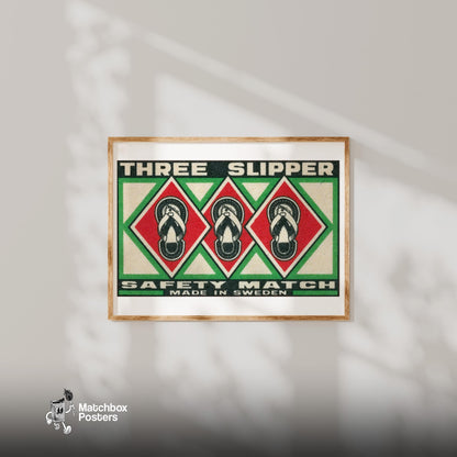 Three Slippers - vintage matchbox label print - bedroom mockup