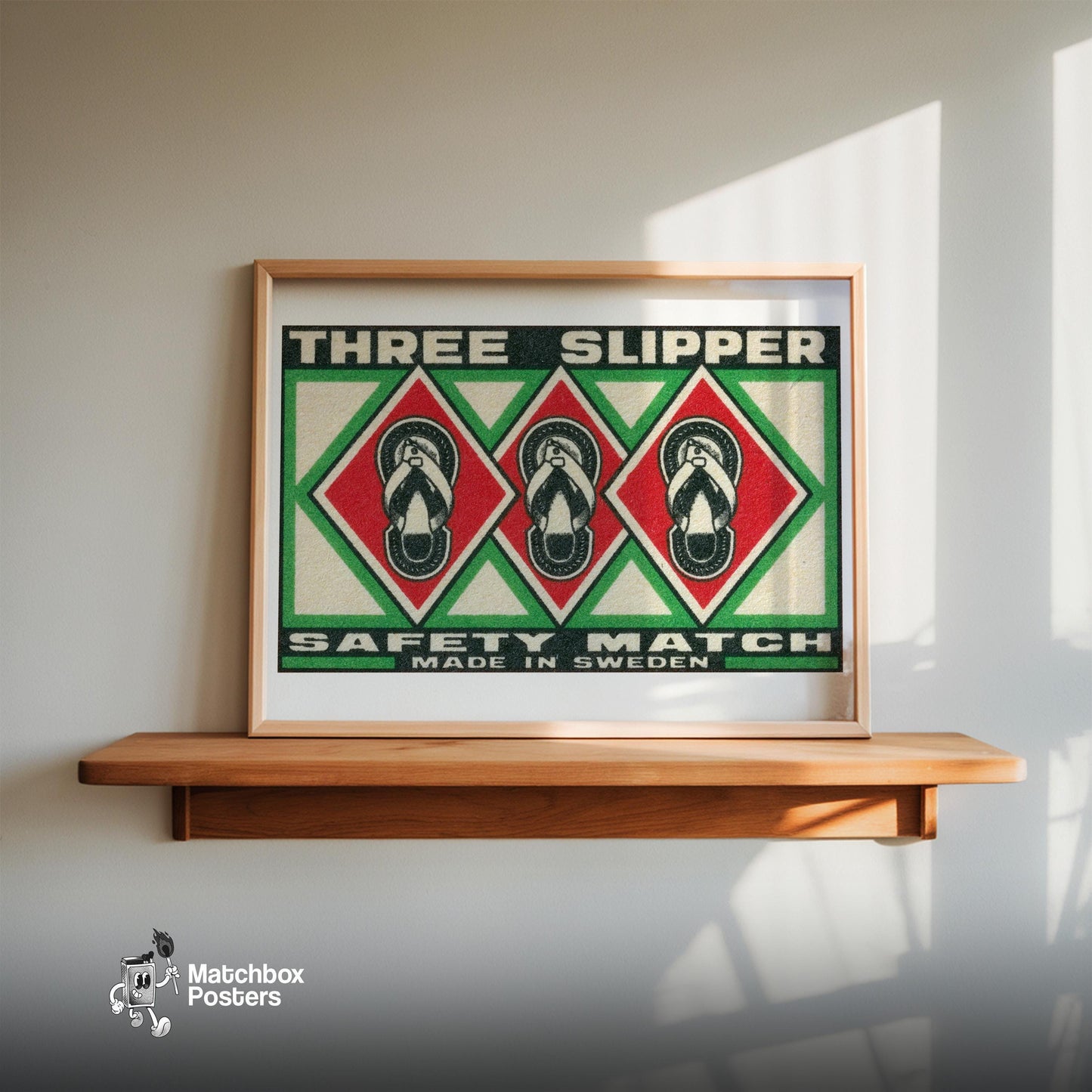 Three Slippers - vintage matchbox label print - size comparison