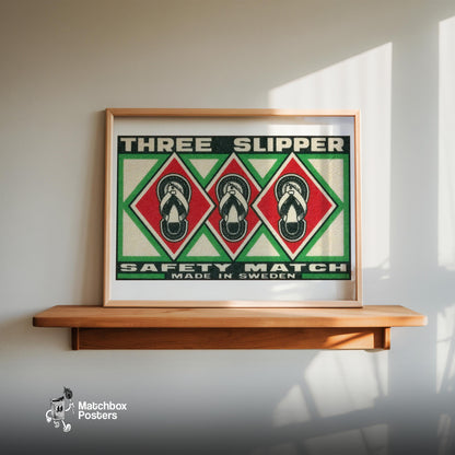 Three Slippers - vintage matchbox label print - size comparison