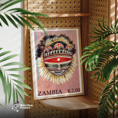 Traditional Zambian Mask - vintage matchbox label print - office wall
