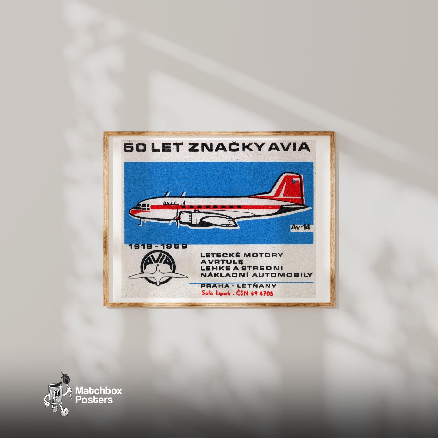 Red Vintage Aeroplane - vintage matchbox label print - bedroom mockup
