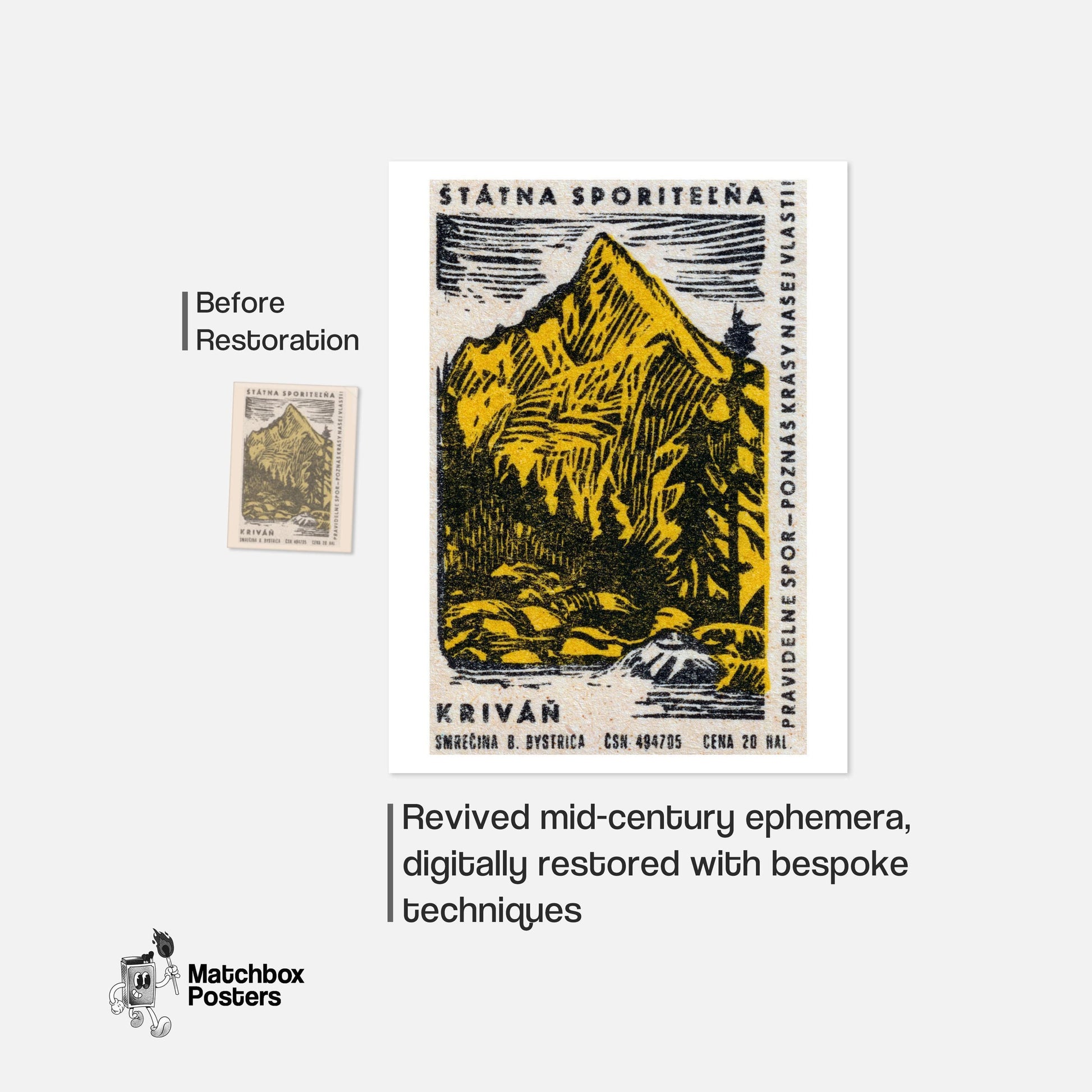 Yellow Mountain - vintage matchbox label print - framed wall art preview