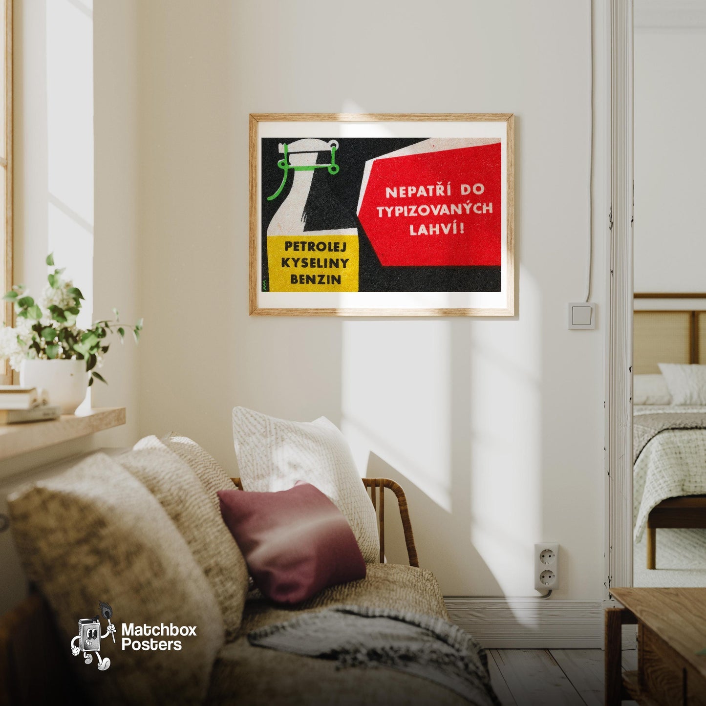 Petrol in Bottle - vintage matchbox label print - living room mockup