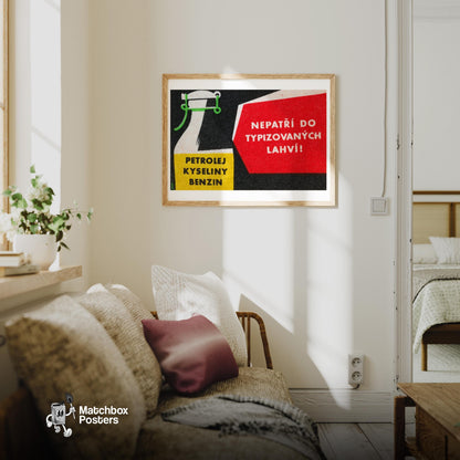 Petrol in Bottle - vintage matchbox label print - living room mockup