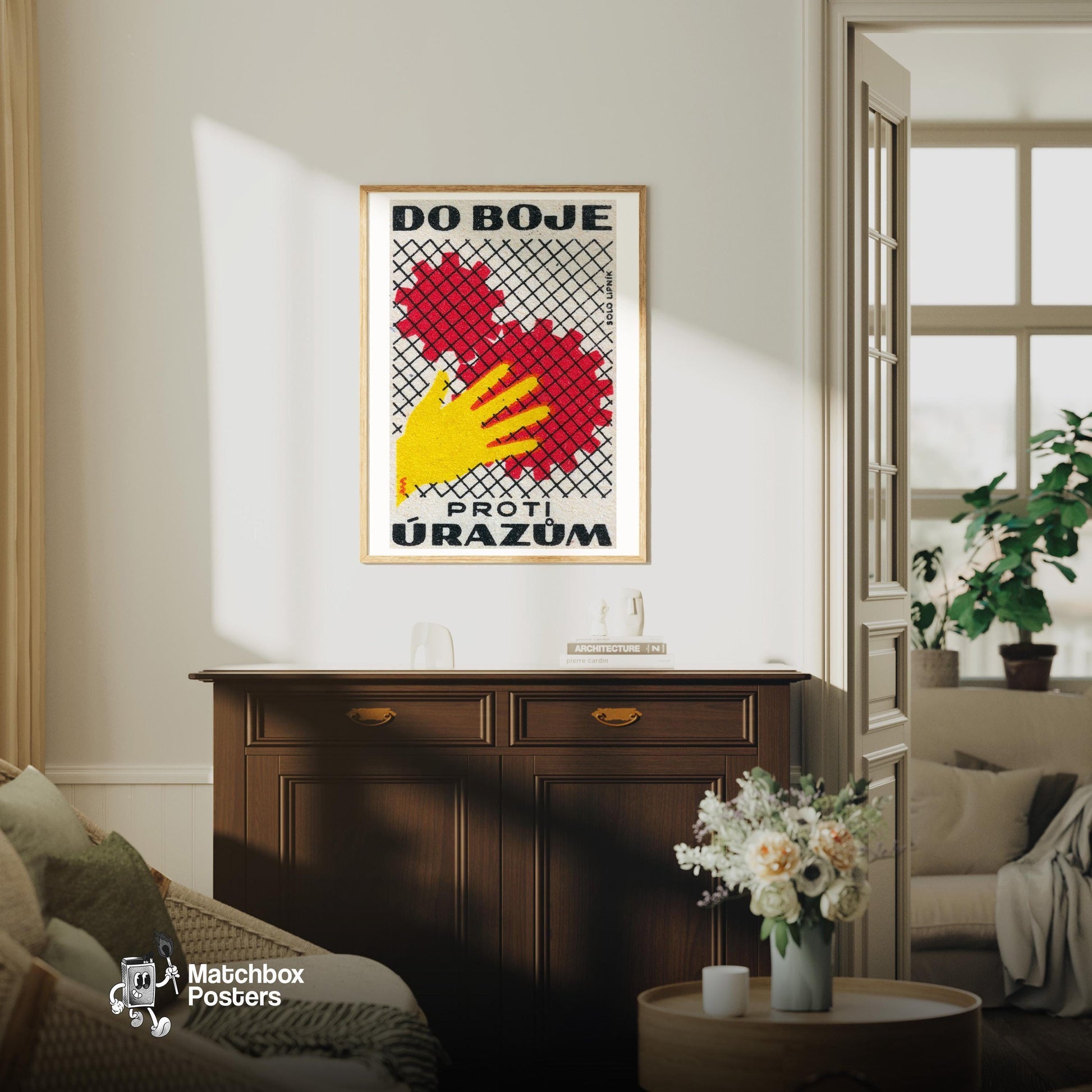 Factory Safety - vintage matchbox label print - living room mockup