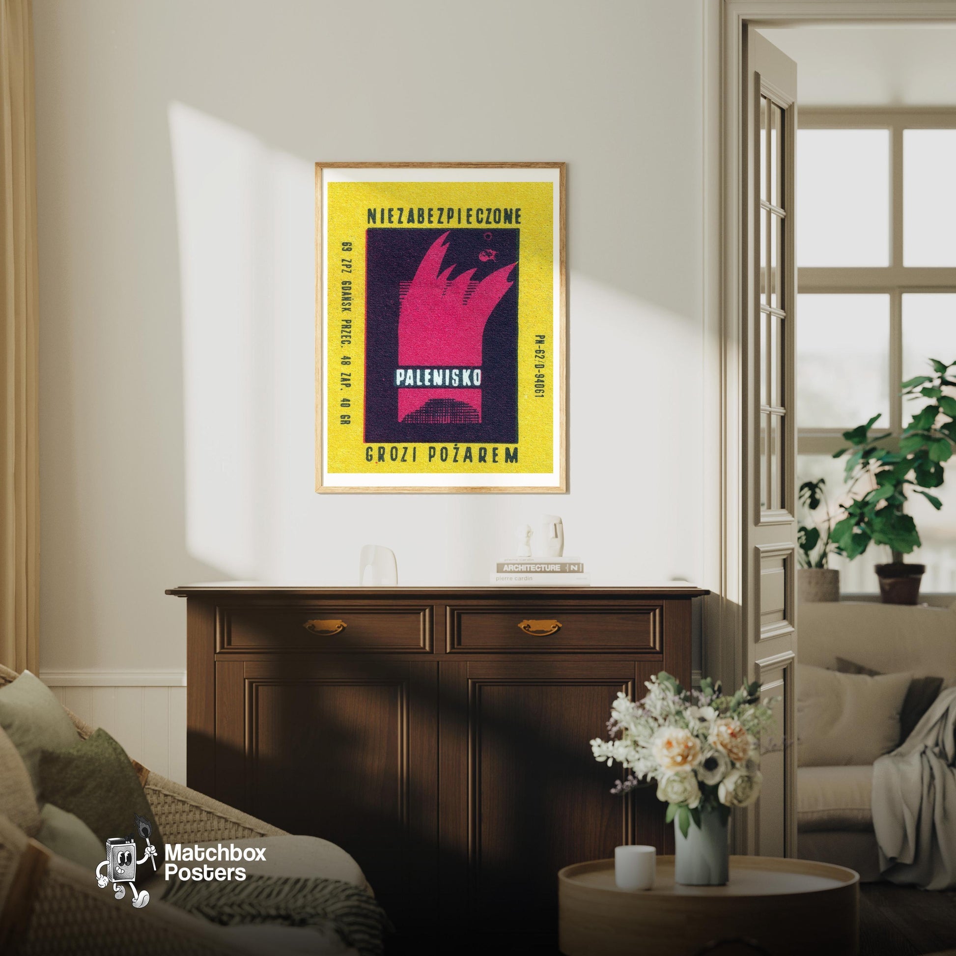 Beware of Fire Danger - vintage matchbox label print - living room mockup